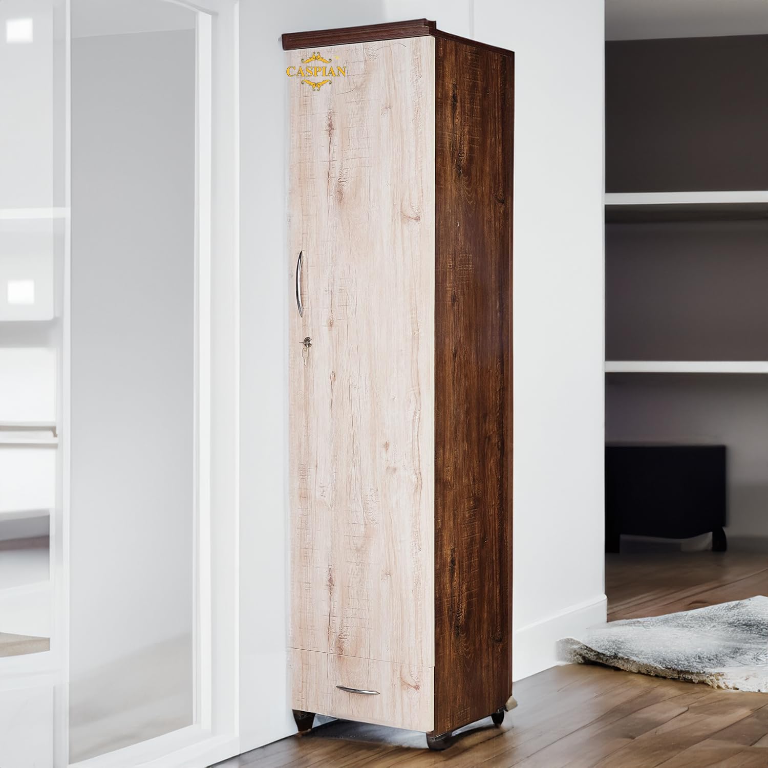 CASPIAN Engineered Wood 1 Door Wardrobe (Rainforest Dark & Light) | Pre-Assembled Furniture | Almirah/Cupboard for Bedroom Clothes Storage Organizer with 5 Shelves & 1 Drawer