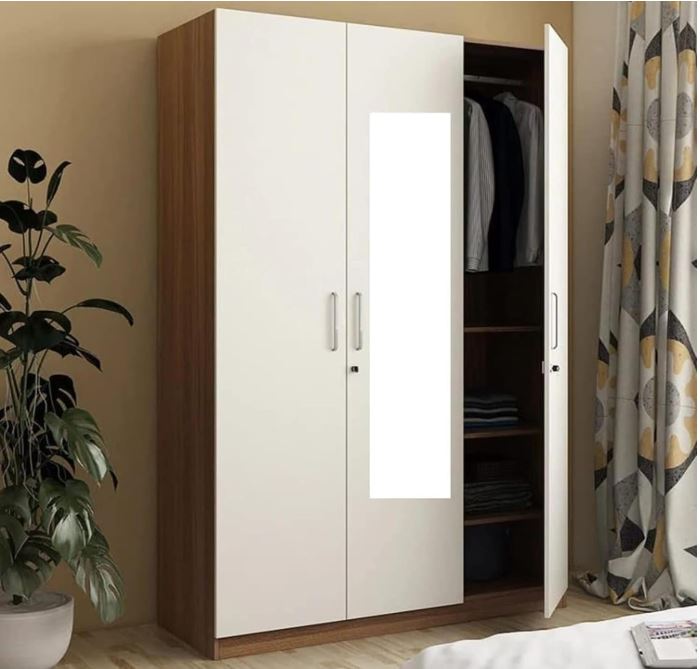 CASPIAN Engineered Wood 3 Door Wardrobe (White & Brown) | Furniture with Dressing Mirror & Key Locker | Cupboard/Almirah for Bedroom Clothes Storage Organizer with 11 Shelves & Drawer