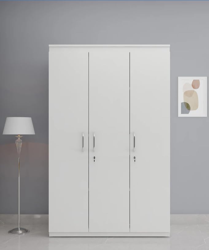 CASPIAN Engineered Wood 3 Door Wardrobe (Super White) | Furniture with Hanging Space | Cupboard/Almirah for Bedroom Clothes Storage Organizer with 7 Adjustable Shelves & Key Lock Drawer