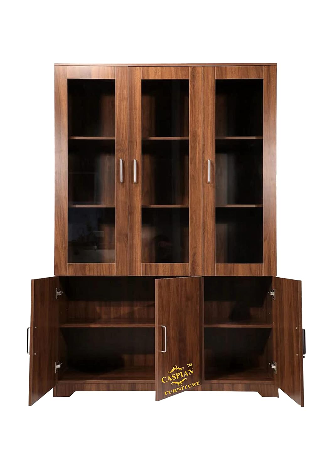 CASPIAN 3 Door Multipurpose Wooden Cabinet (Brown) | Glass Door Showcase | Engineered Wood | Use as Kids cupboards, Bookshelf & Kitchen Crockery Unit | for Bedroom, Living & Study Room, Home & Office