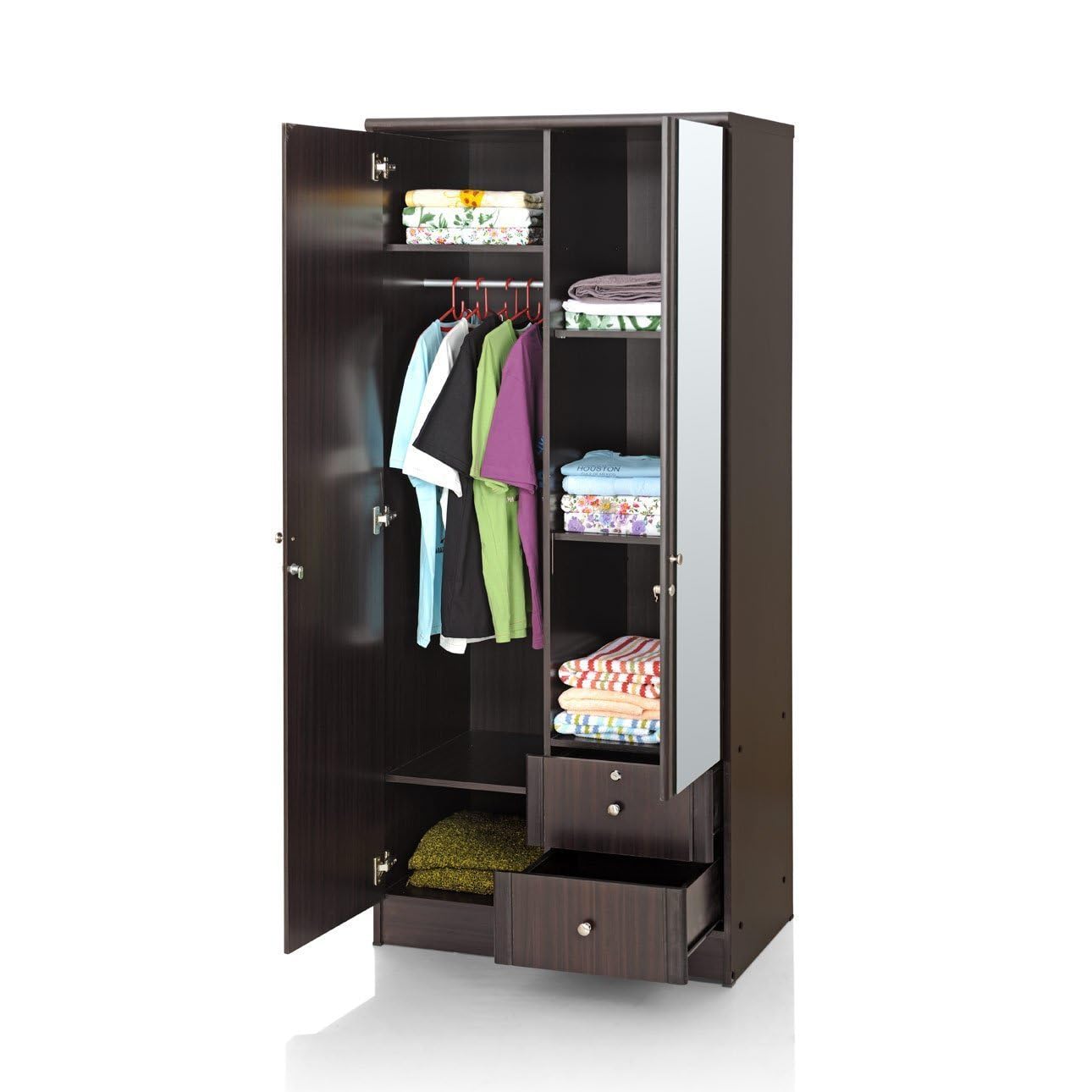 CASPIAN Engineered Wood 2 Door Wardrobe (Coffee Brown) | Pre Assembled Furniture with Mirror | Streak Textured Cupboard Almirah for Bedroom Clothes Storage Organizer with 5 Shelves & 2 Drawers