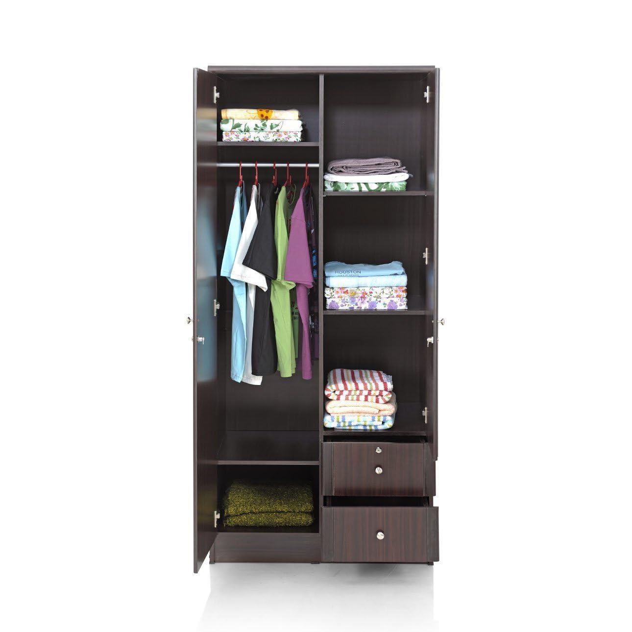 CASPIAN Engineered Wood 2 Door Wardrobe (Coffee Brown) | Pre Assembled Furniture with Mirror | Streak Textured Cupboard Almirah for Bedroom Clothes Storage Organizer with 5 Shelves & 2 Drawers