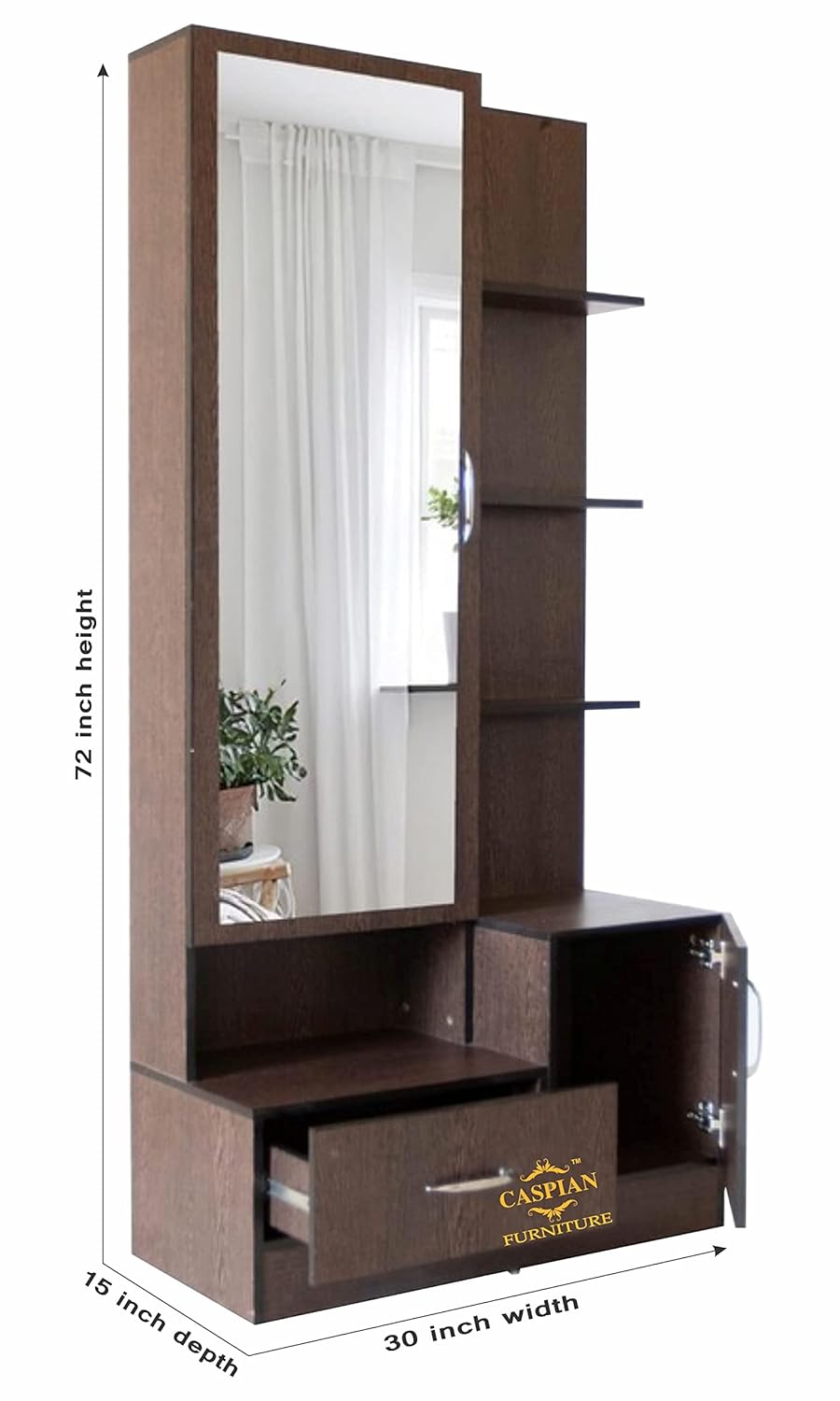 CASPIAN Engineered Wood Single Door Wooden Vanity Dressing Table (Brown) | Pre-Assembled Furniture with Mirror | Makeup & Accessories Storage Organizer with 4 Shelves, 1 Cabinet & 1 Drawer