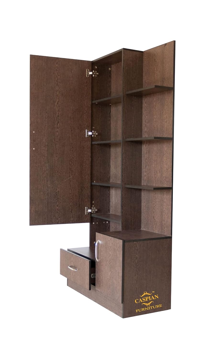 CASPIAN Engineered Wood Single Door Wooden Vanity Dressing Table (Brown) | Pre-Assembled Furniture with Mirror | Makeup & Accessories Storage Organizer with 4 Shelves, 1 Cabinet & 1 Drawer