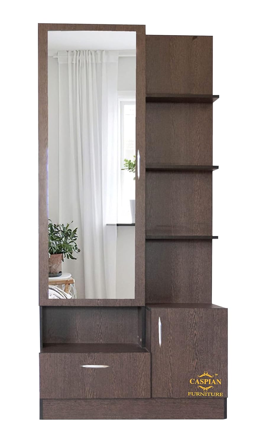 CASPIAN Engineered Wood Single Door Wooden Vanity Dressing Table (Brown) | Pre-Assembled Furniture with Mirror | Makeup & Accessories Storage Organizer with 4 Shelves, 1 Cabinet & 1 Drawer