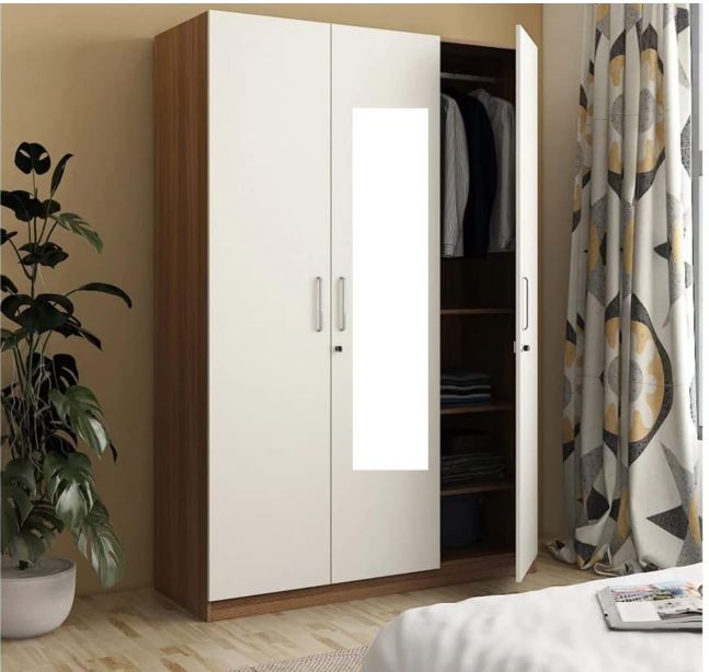 CASPIAN Engineered Wood Triple Door Wooden Wardrobe (White & Brown) | Furniture with Dressing Mirror & Key Locker | Cupboard/Almirah for Bedroom Clothes Storage Organizer with 11 Shelves & Drawer