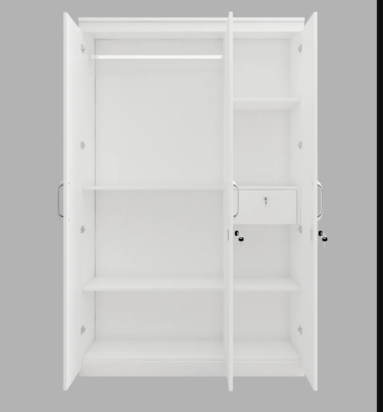 CASPIAN Engineered Wood 3 Door Wardrobe (Super White) | Furniture with Hanging Space | Cupboard/Almirah for Bedroom Clothes Storage Organizer with 7 Adjustable Shelves & Key Lock Drawer