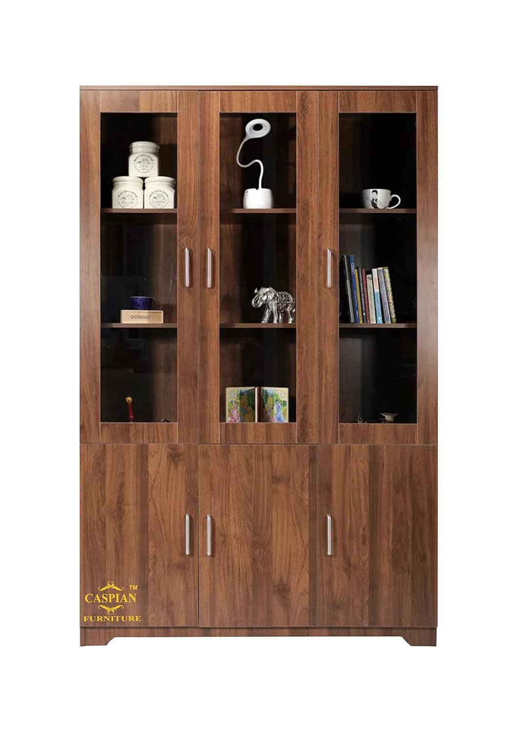 CASPIAN 3 Door Multipurpose Wooden Cabinet (Brown) | Glass Door Showcase | Engineered Wood | Use as Kids cupboards, Bookshelf & Kitchen Crockery Unit | for Bedroom, Living & Study Room, Home & Office