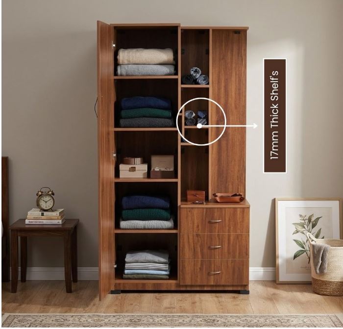 CASPIAN Engineered Wood 1 Door Wardrobe (Rainforest Brown) | Pre Assembled Furniture with Mirror & Vanity Dressing Table | Cupboard/Almirah for Bedroom Clothes Storage Organizer with 5 Shelves