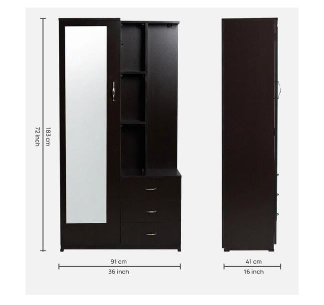 CASPIAN Engineered Wood 1 Door Vanity Dressing Table Cum Wardrobe (Rainforest Dark) | Pre Assembled Cupboard/Almirah Furniture with Mirror | Bedroom Clothes Storage Organizer with 5 Shelves