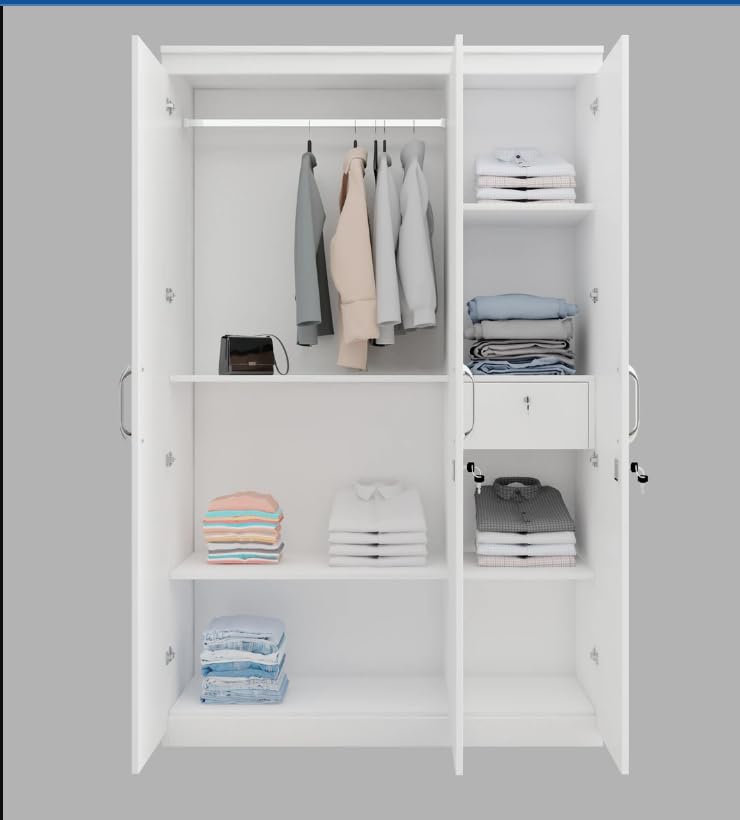 CASPIAN Engineered Wood 3 Door Wardrobe (Super White) | Furniture with Hanging Space | Cupboard/Almirah for Bedroom Clothes Storage Organizer with 7 Adjustable Shelves & Key Lock Drawer