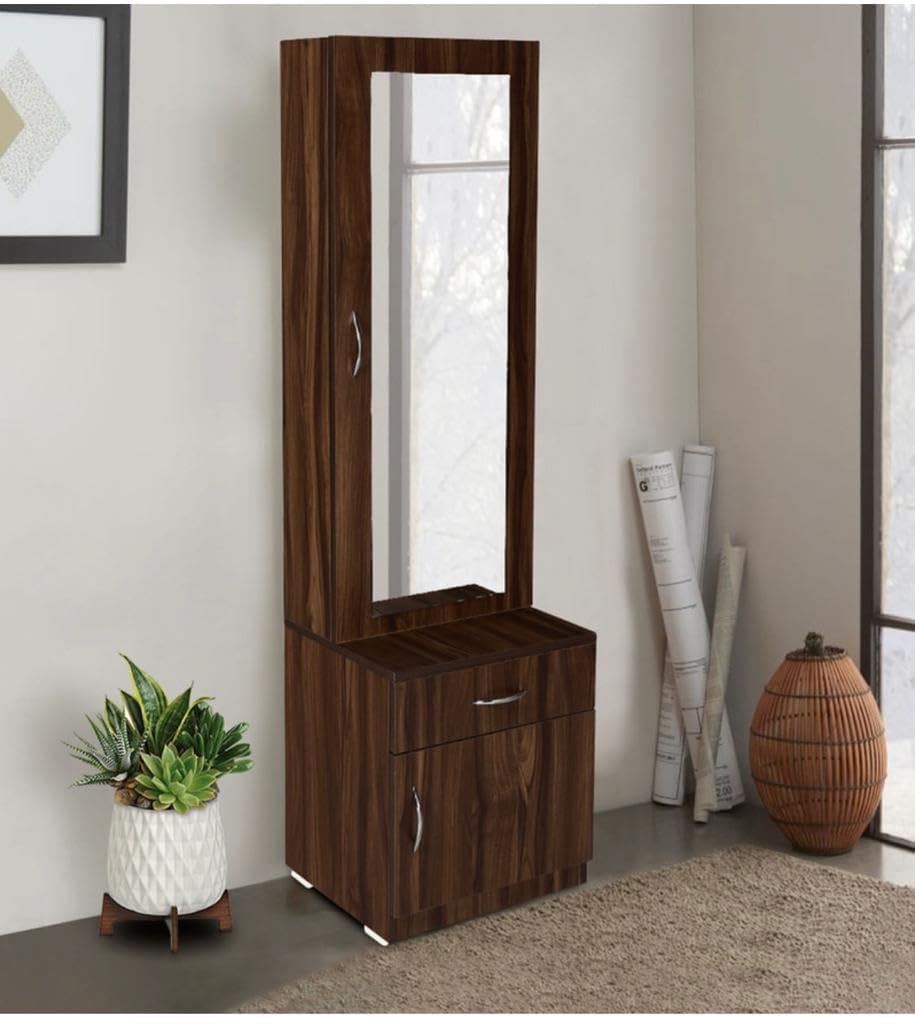 CASPIAN Engineered Wood Single Door Wooden Vanity Dressing Table (Dark Brown) | Pre-Assembled Furniture with Mirror | Makeup & Accessories Storage Organizer with 5 Shelves, 1 Cabinet & 1 Drawer