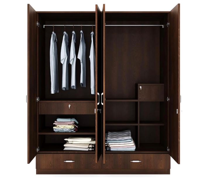 CASPIAN Engineered Wood 4 Door Wardrobe (Rainforest Dark) | Furniture with Dressing Mirror | Cupboard/Almirah for Bedroom Clothes Storage Organizer | with Locker, 3 Drawers & 6 Shelves