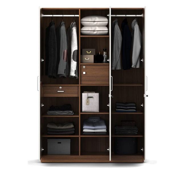 CASPIAN Engineered Wood Triple Door Wooden Wardrobe (White & Brown) | Furniture with Dressing Mirror & Key Locker | Cupboard/Almirah for Bedroom Clothes Storage Organizer with 11 Shelves & Drawer