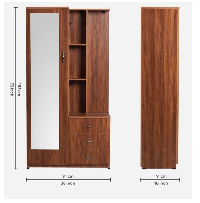 CASPIAN Engineered Wood 1 Door Wardrobe (Rainforest Brown) | Pre Assembled Furniture with Mirror & Vanity Dressing Table | Cupboard/Almirah for Bedroom Clothes Storage Organizer with 5 Shelves