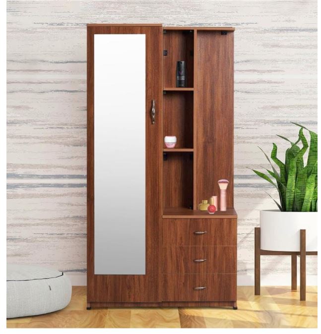 CASPIAN Engineered Wood 1 Door Wardrobe (Rainforest Brown) | Pre Assembled Furniture with Mirror & Vanity Dressing Table | Cupboard/Almirah for Bedroom Clothes Storage Organizer with 5 Shelves