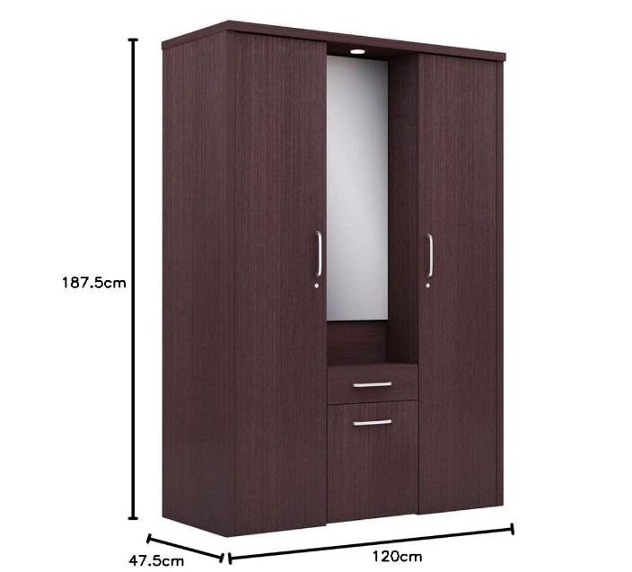 CASPIAN Engineered Wood 3 Door Wardrobe (Rainforest Brown) | Furniture with Dressing Mirror | Cupboard/Almirah for Bedroom Clothes Storage Organizer | with Cabinet, 3 Drawers & 9 Shelves