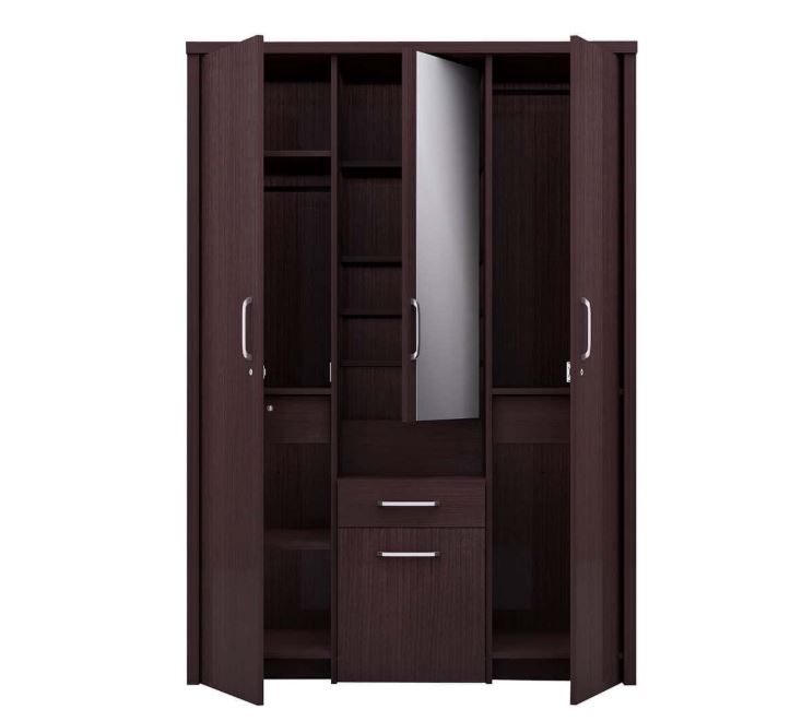 CASPIAN Engineered Wood 3 Door Wardrobe (Rainforest Brown) | Furniture with Dressing Mirror | Cupboard/Almirah for Bedroom Clothes Storage Organizer | with Cabinet, 3 Drawers & 9 Shelves