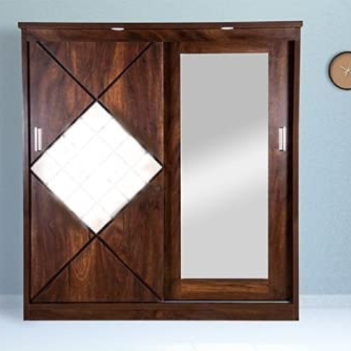 Engineered Wood Walnut Sliding Door Wardrobe with Full Mirror with LED Lights