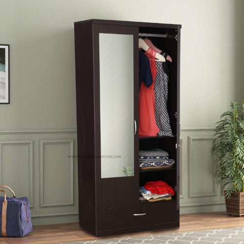 Walnut 2 Door Wardrobe with Mirror, 2 Shelves, Drawer and Hanging Space for Clothes |Wardrobe for Bedroom | Wardrobe for Clothes