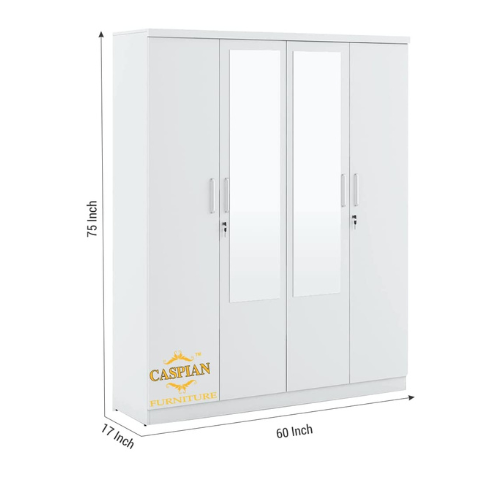 Super White 4 Door Wardrobe with 2 Mirrors|Wardrobe for 2 Persons |Drawers and Lock, 3 Shelves and Hanging Space for Clothes(60