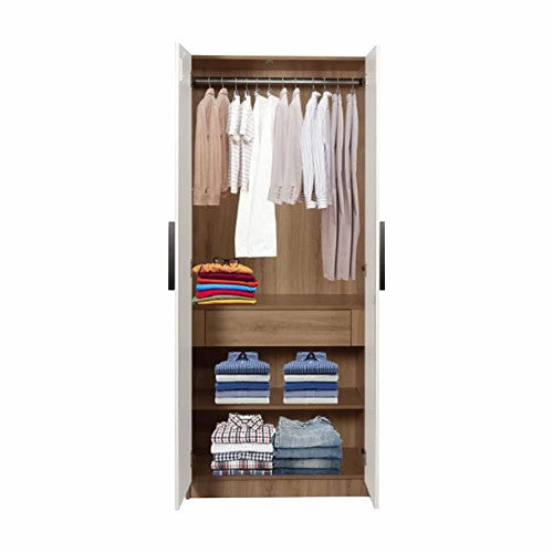 Engineered Wood 2 Door Wardrobe with Drawer, Shelves and Hanging Space for Clothes || Wooden Cupboard/Cabinet