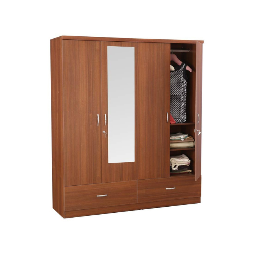 4 Door Wardrobe for Bedroom with Mirror, Drawers, Shelves and Hanging Space | 4 Door Wardrobe for Clothes Wooden Furniture